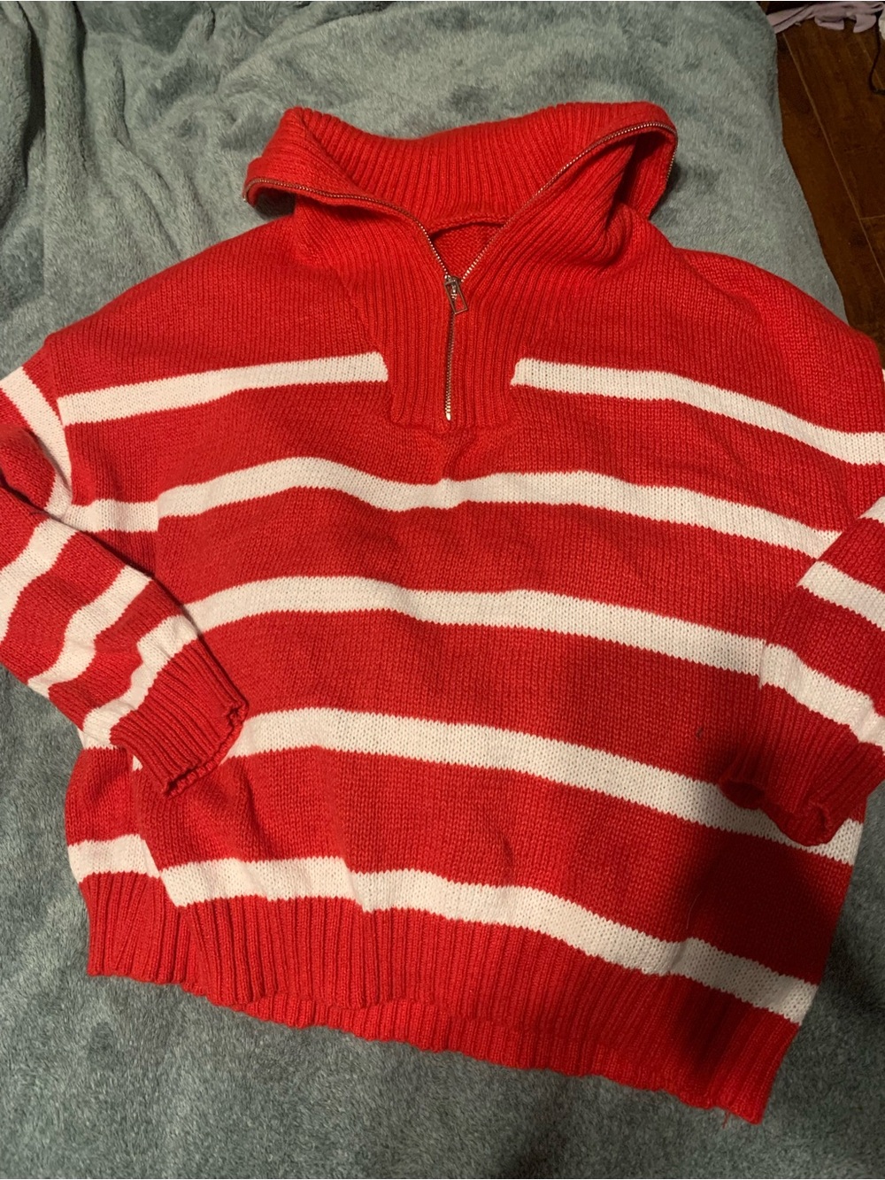 Red and White Stripe Half-Zip Sweater